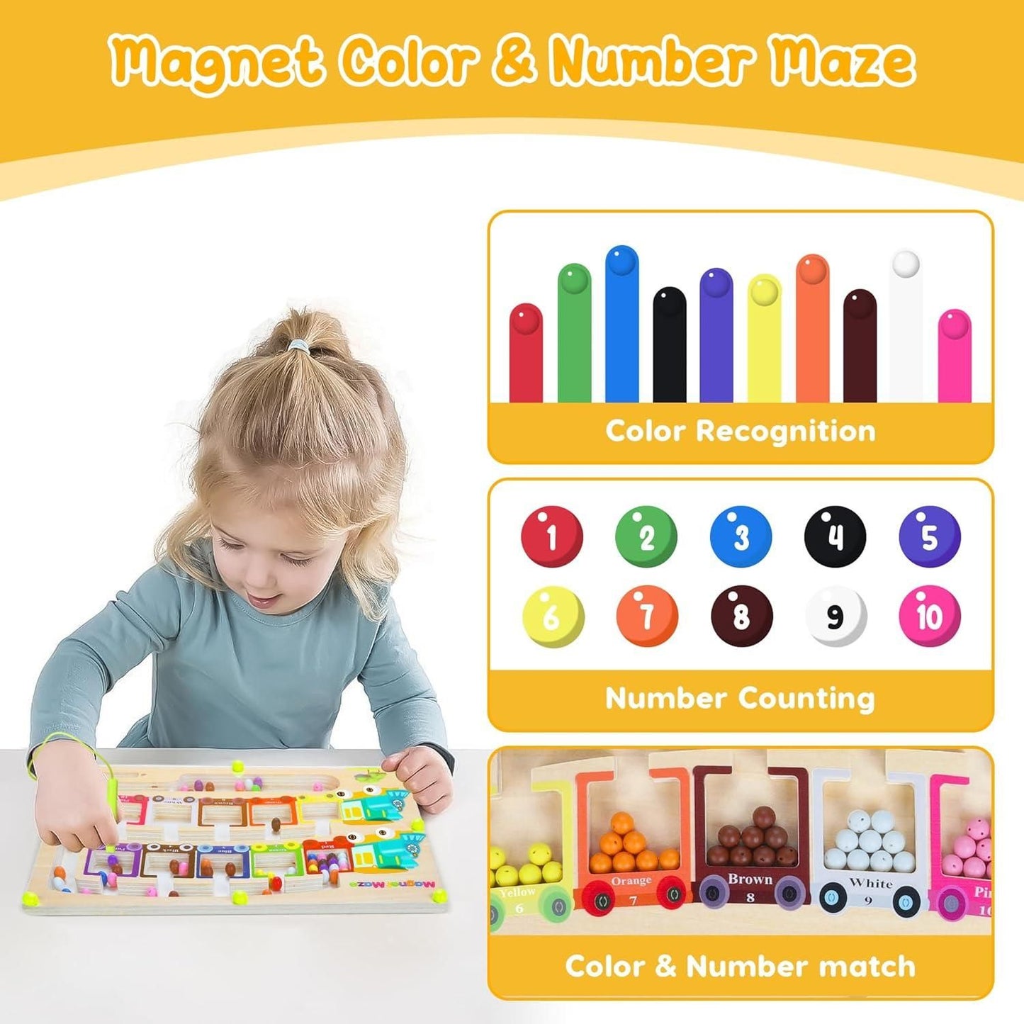 Magnetic Colour & Number Maze - Wooden Puzzle Game Board